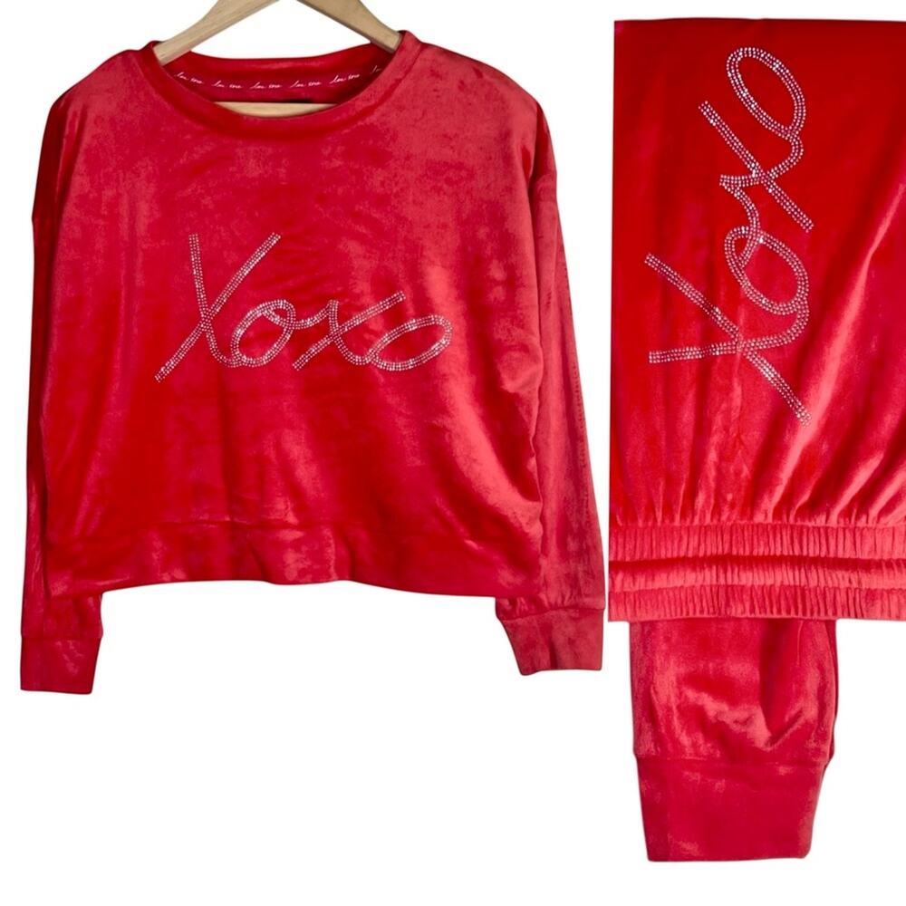 XOXO Velour Jogger Tracksuit Spellout Cropped Sweatshirt Set S Red Rhinestone